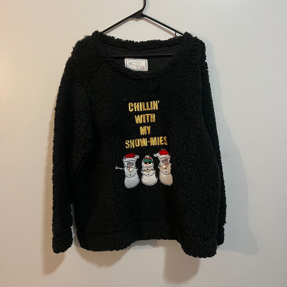 Sherpa Black Fuzzy Christmas Sweater NEW 2XL Mens Womens Snowmen Funny